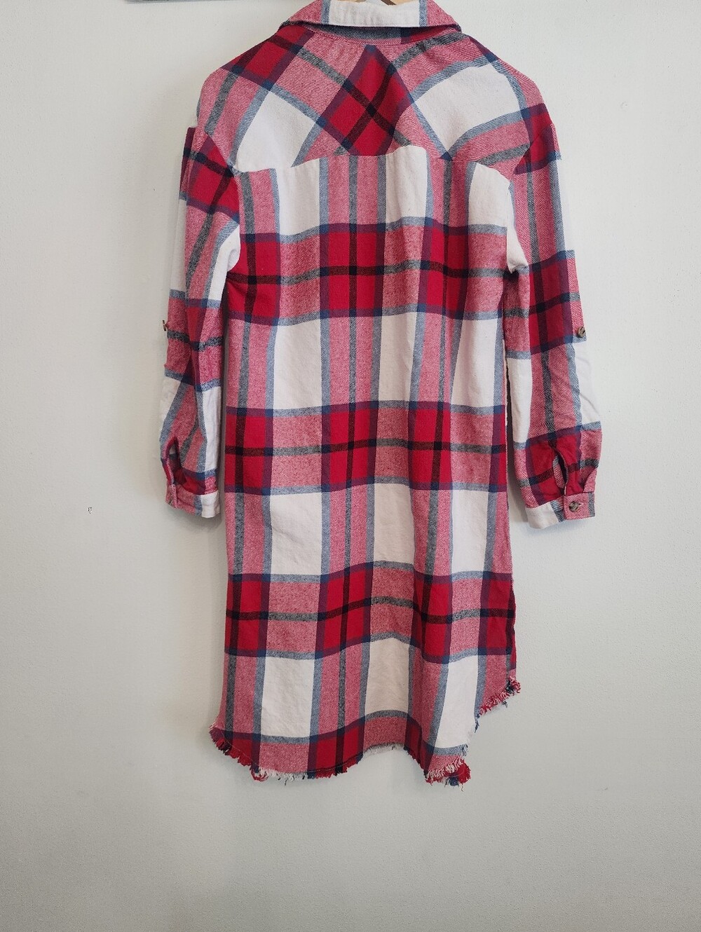 Plaid Flannel Dress Duster Button Down Long Sleeve Red White Med Dizzy Lizzy - Picture 11 of 15